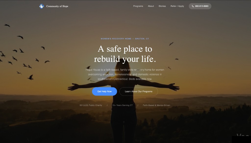 Community of Hope website after: clear headline, Get Help Now and Learn About Our Programs buttons, trust signals below.