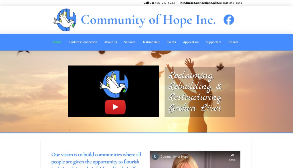 Community of Hope website before: busy header, embedded video, script-style headline.
